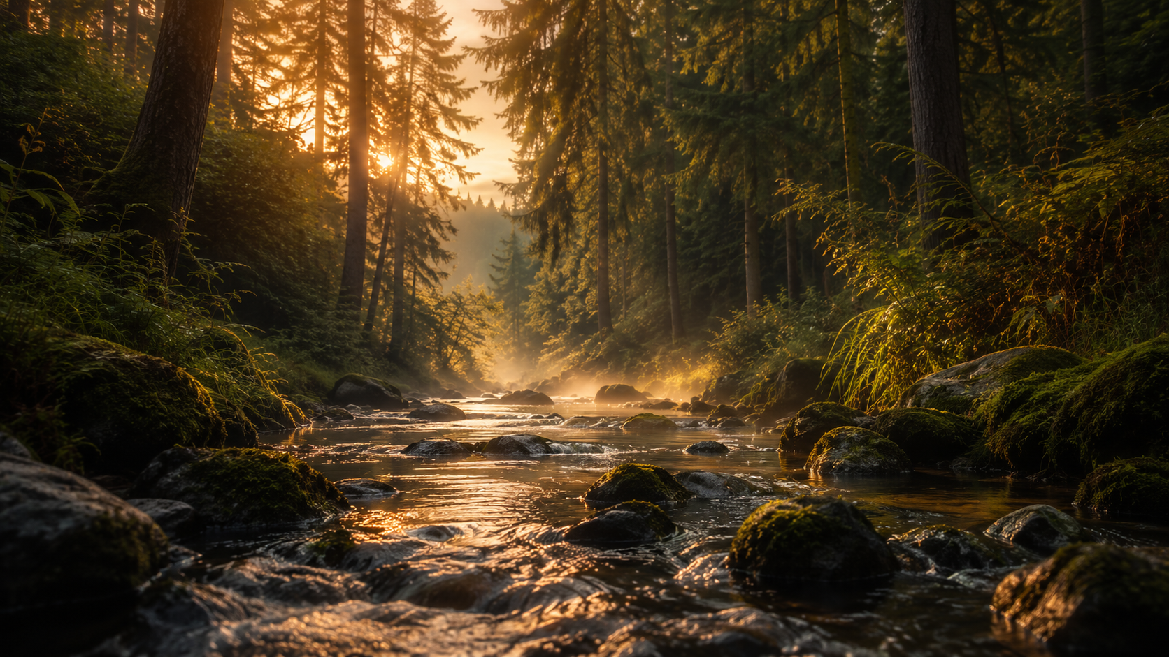 Sunlit forest creek winding through moss-covered rocks at dawn