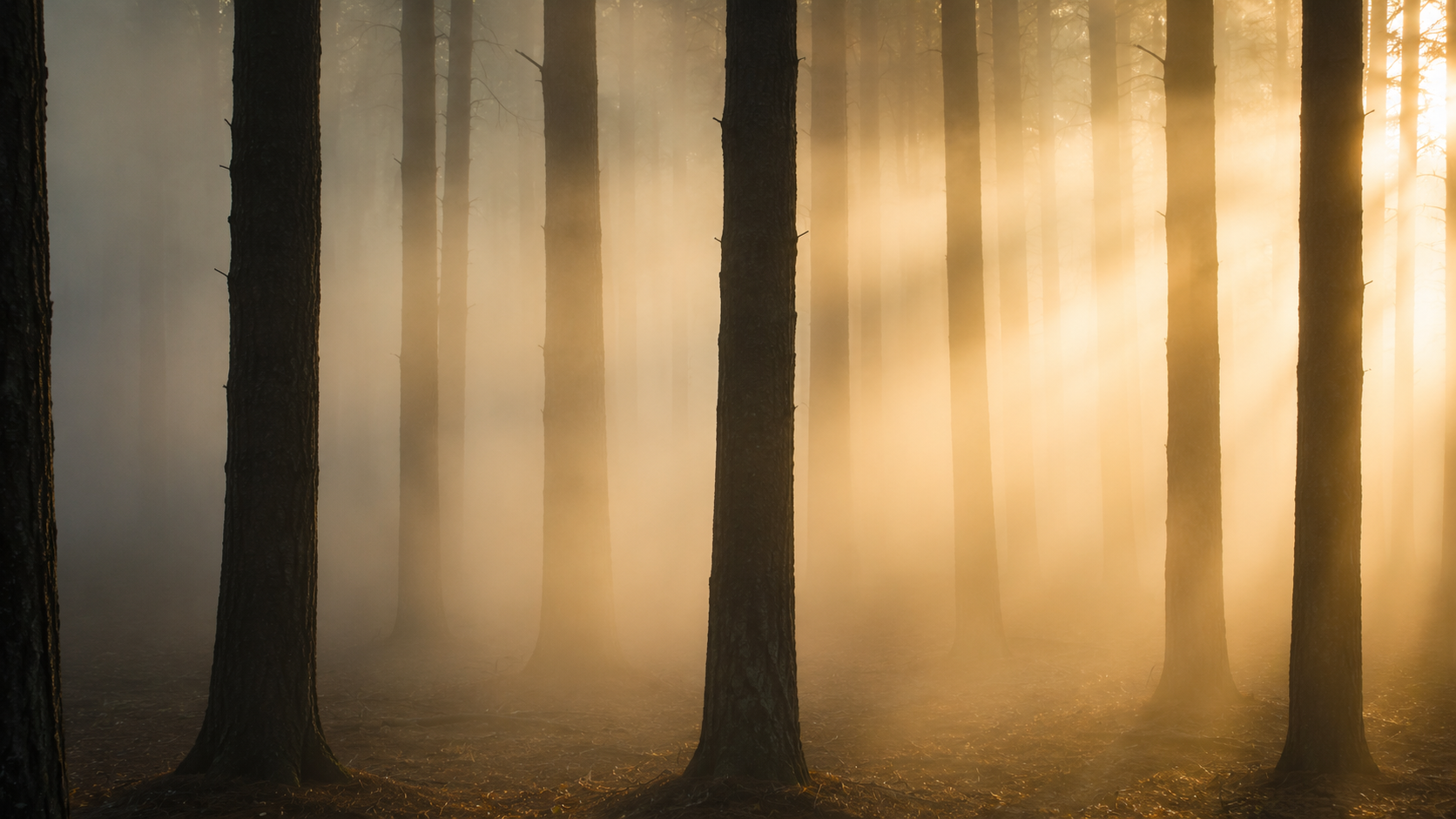 Sunlight streaming through misty forest trees at dawn