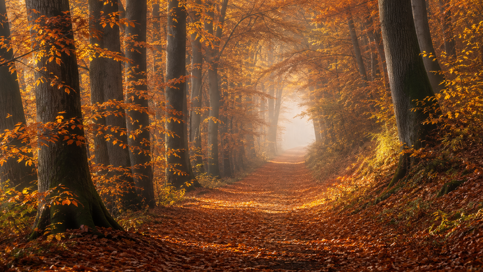 Autumn forest path covered in golden and orange leaves