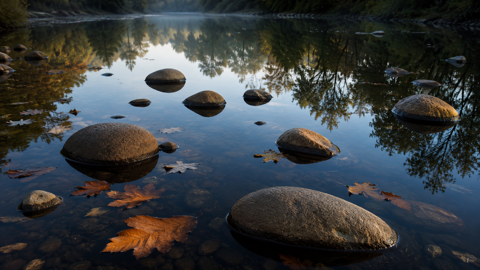 Smooth stones and fallen leaves reflected in still water