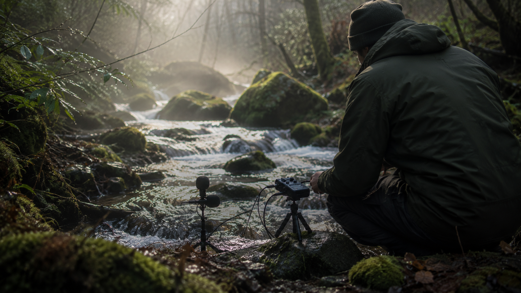 Sound recordist crouching by a forest creek with microphone equipment
