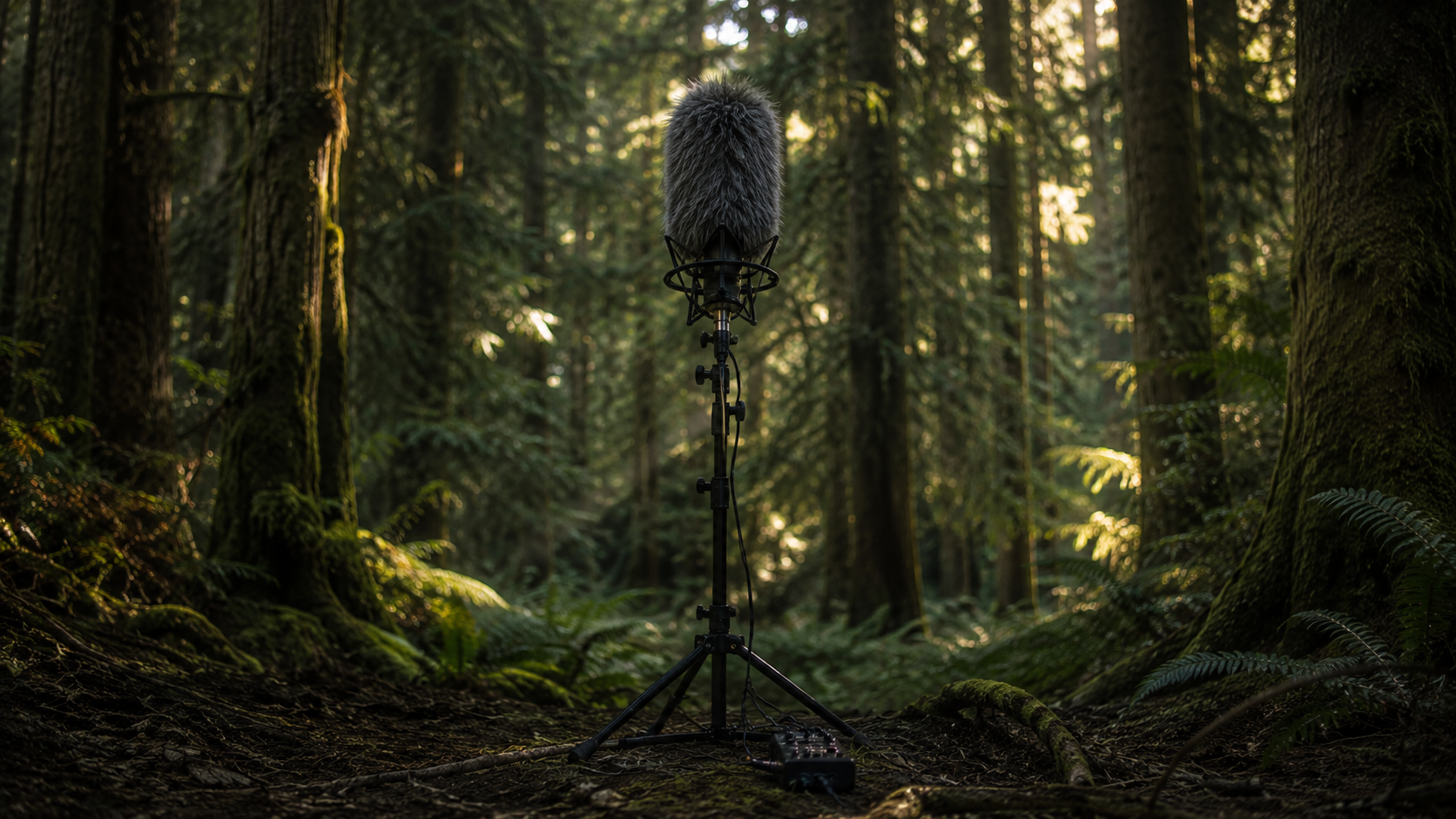 Professional microphone on a stand in a deep green forest