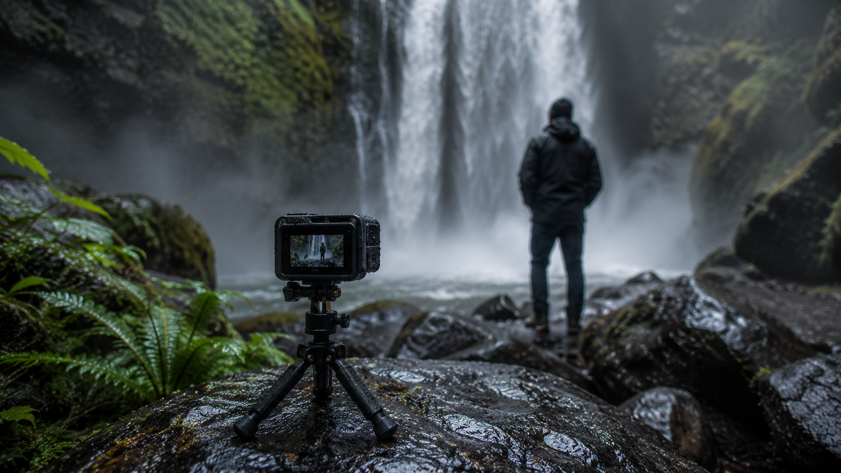 Camera on tripod and person standing before a misty waterfall