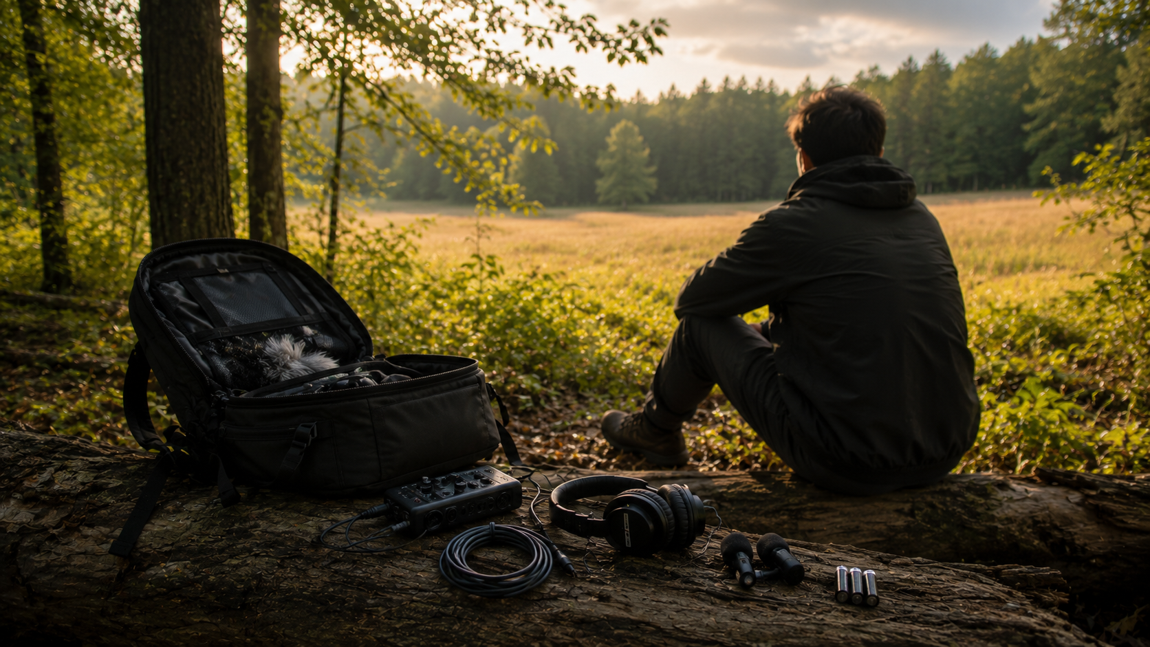 Person sitting on a log overlooking a sunlit meadow with recording gear