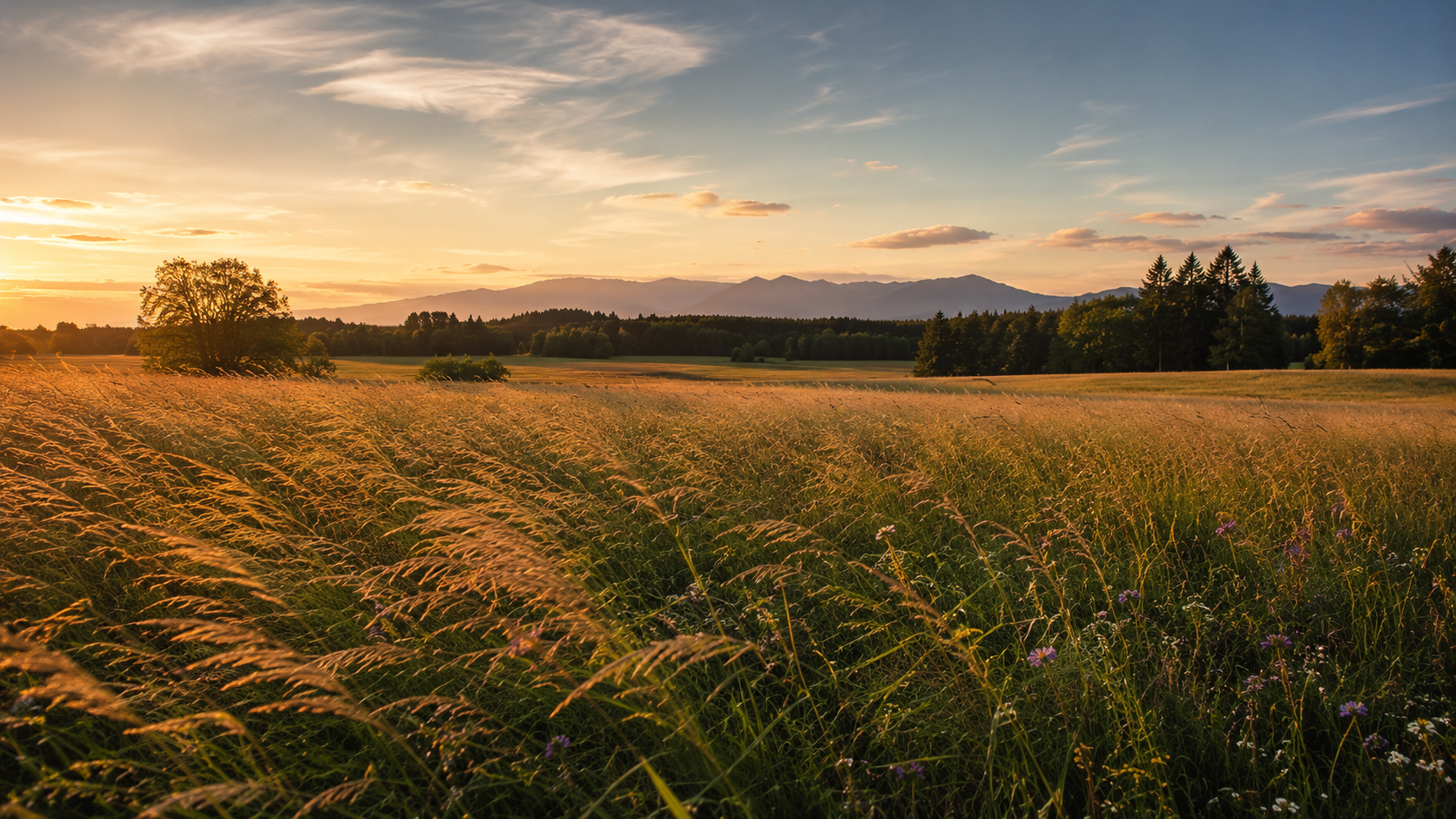 Golden meadow grass swaying in the wind at sunset with mountains in the distance