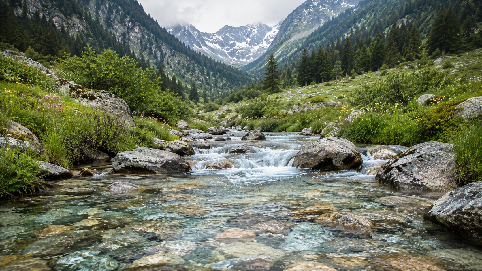 Crystal clear mountain stream flowing through an alpine valley