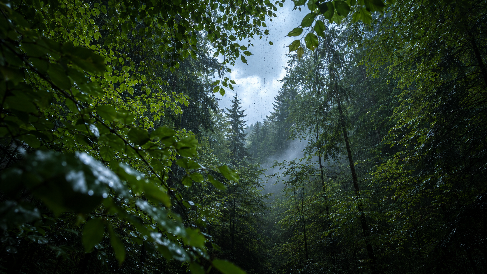 Rain falling through a lush green forest canopy